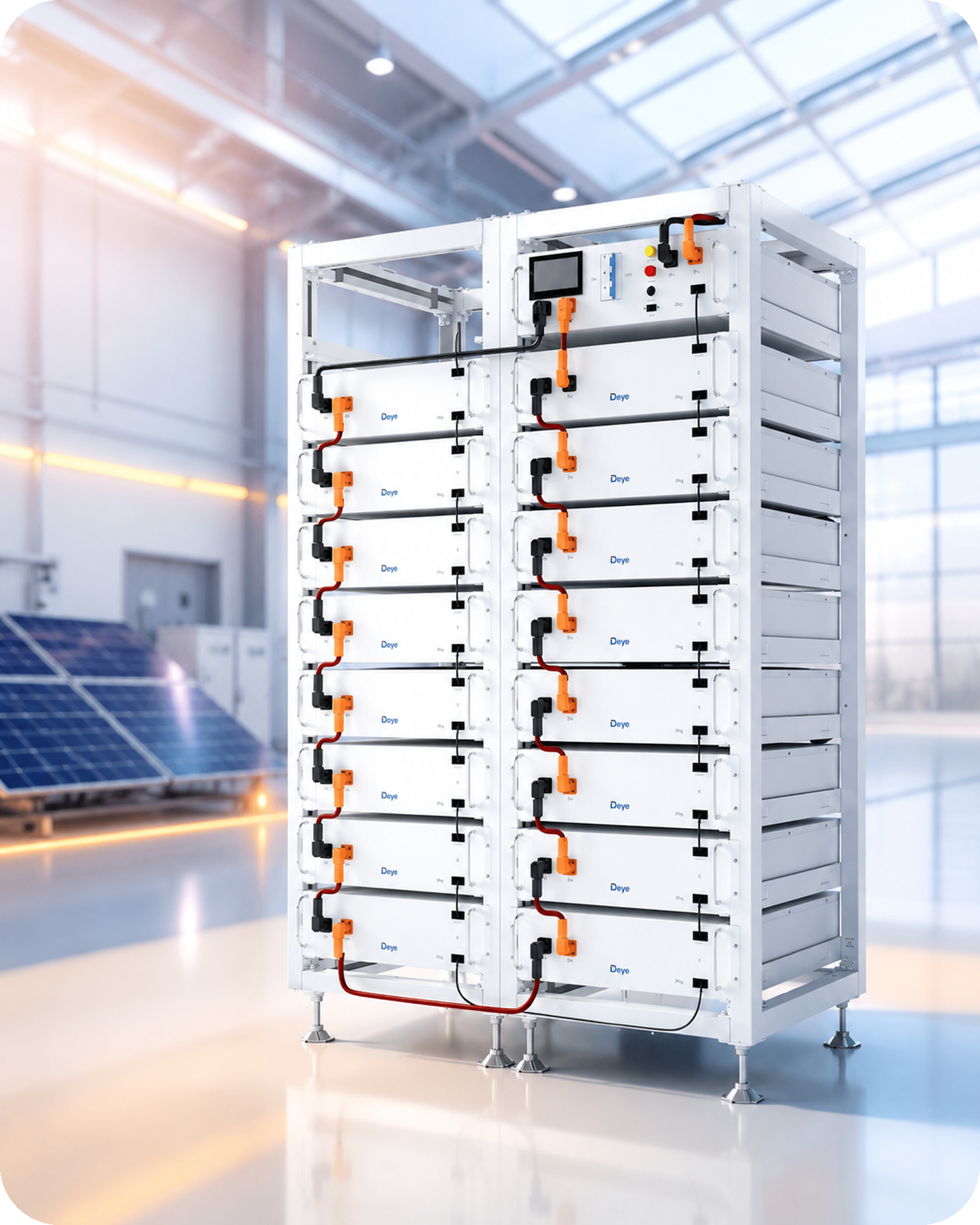Deye ipari energiatároló rendszer napelemekkel egy csarnokban